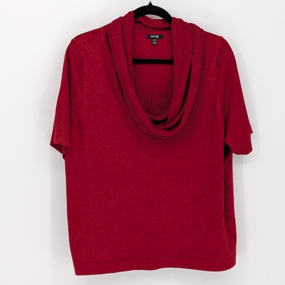 APT.9‎ 2X $54 Red Metallic Cowl Neck Short Sleeve Sparkle Knit Sweater Top